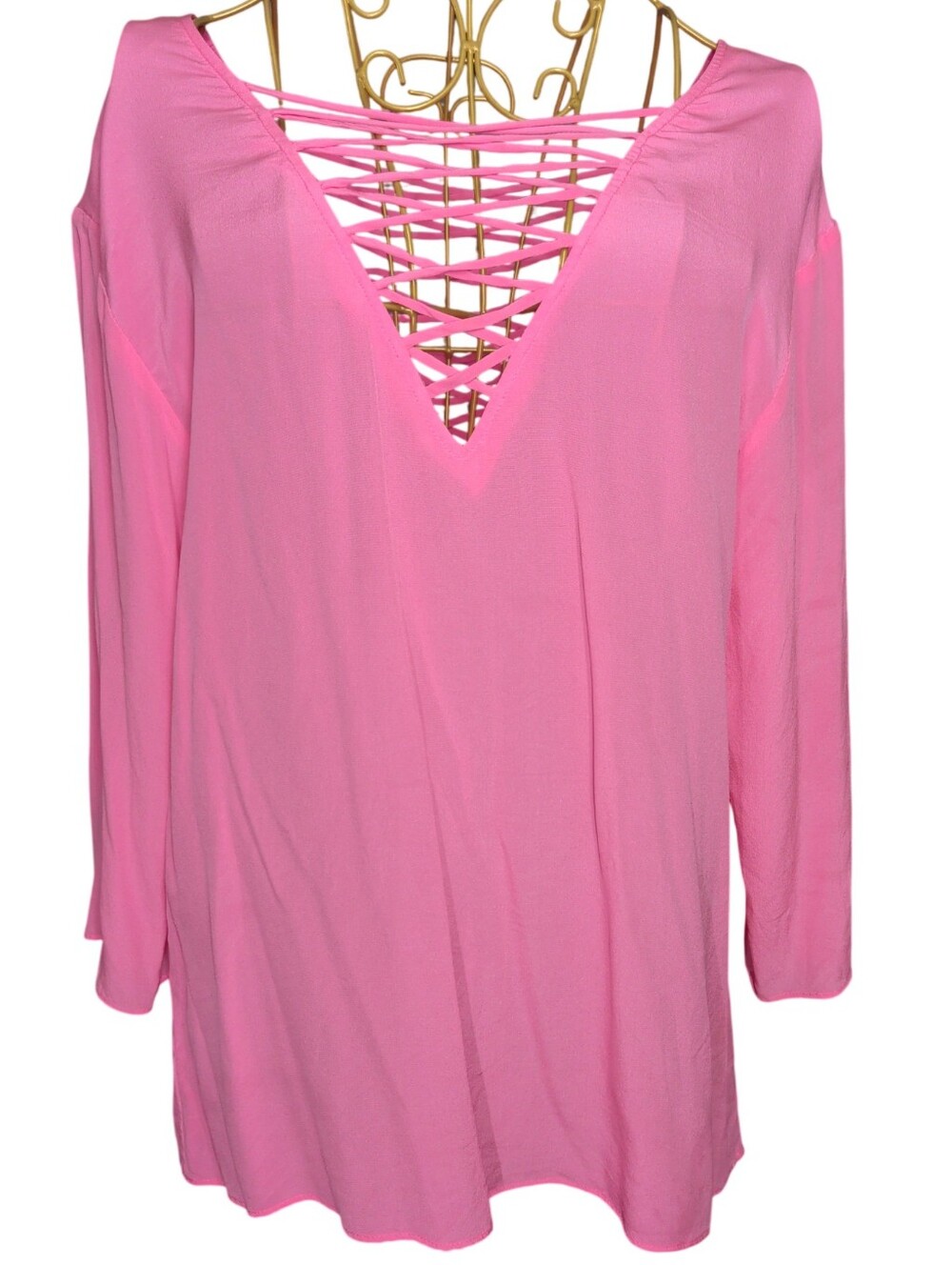 Bailey/44 Pink 100% Silk Sheer Lace Up V-Neck Blouse Size L